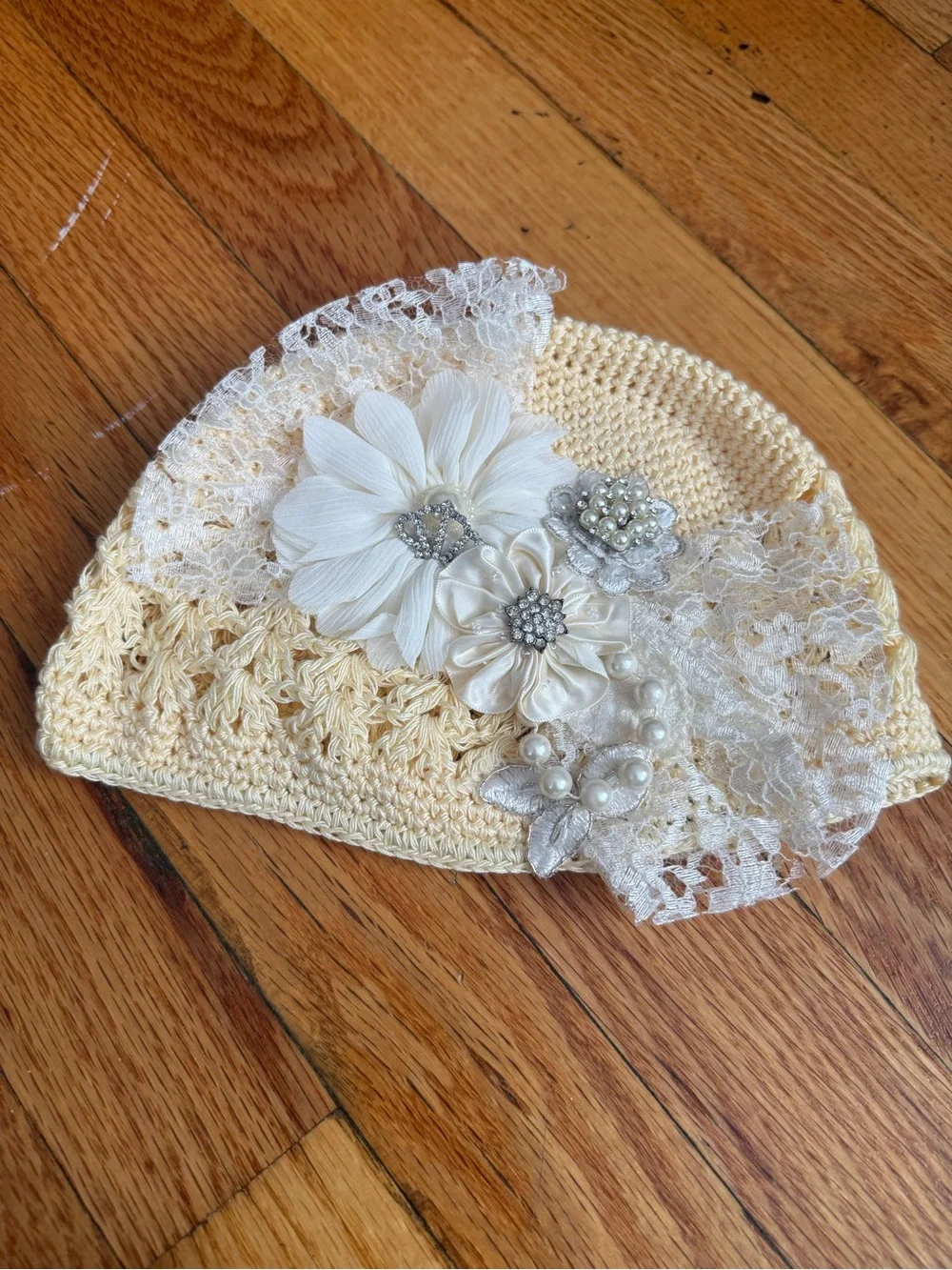 Handmade Cream Crochet Beanie with Lace & Pearl Flower Accents